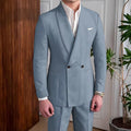 Men's Linen Suit 2-Piece Khaki Shawl Collar Double-Breasted Slim Fit Breathable Jacket and Pants Formal Set for Summer Business