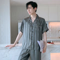 White Striped Men Pajamas Suit Short Sleeved Long Pants Thin Ice Silk Sleepwear Summer Satin Silk Home Clothing Set Pyjamas Male