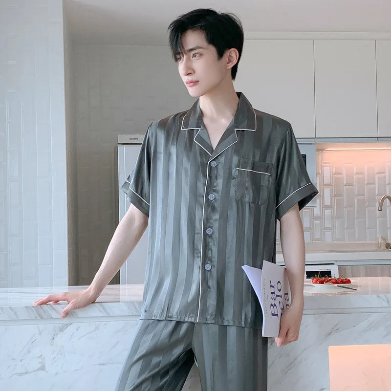 White Striped Men Pajamas Suit Short Sleeved Long Pants Thin Ice Silk Sleepwear Summer Satin Silk Home Clothing Set Pyjamas Male