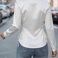 Women Satin Blouse Long Sleeve Turn Down Collar Side - View 2 | SAMAG
