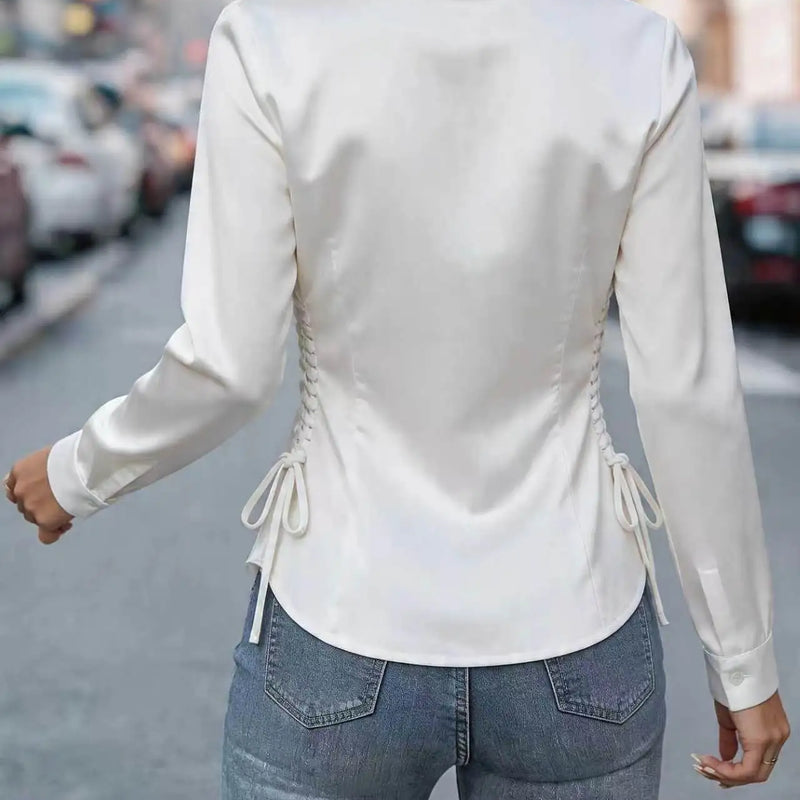 Women Satin Blouse Long Sleeve Turn Down Collar Side - View 2 | SAMAG