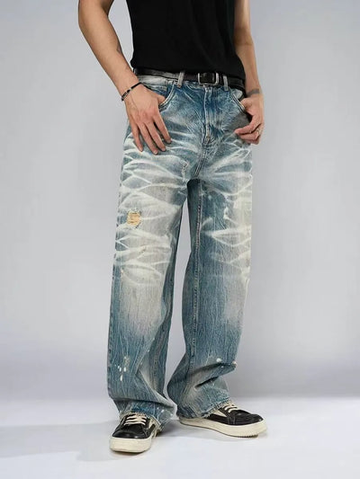 【HME】Men's jeans Street‑Style Distressed Denim Pants | SAMAG