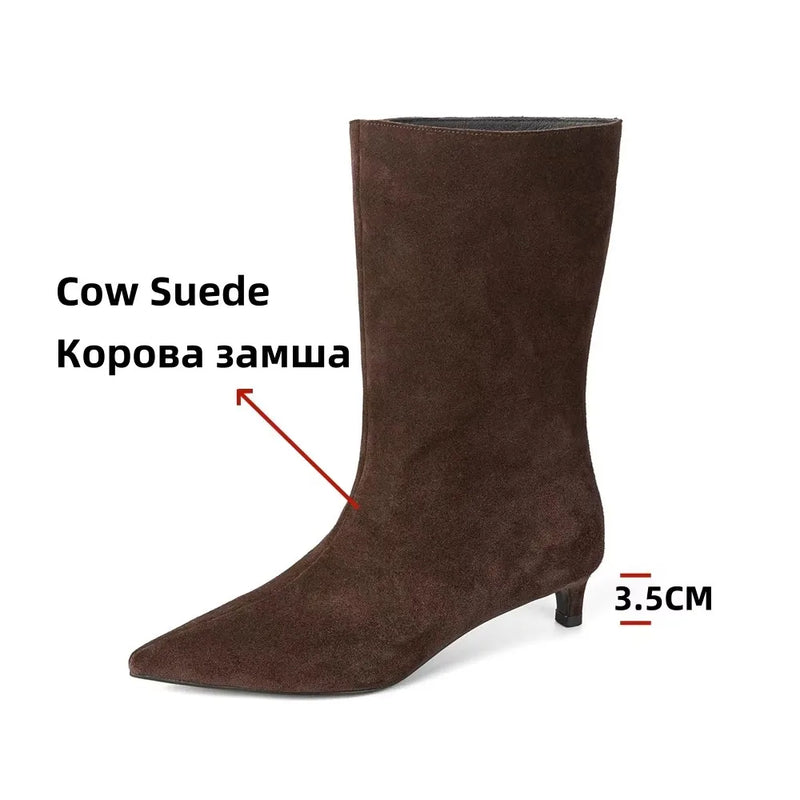 FEDONAS Pointed Toe Stiletto Geuine Leather Boots for Women Mid-calf Tube Shoes Fashion Autumn Winter Knight Boots Party Shoes