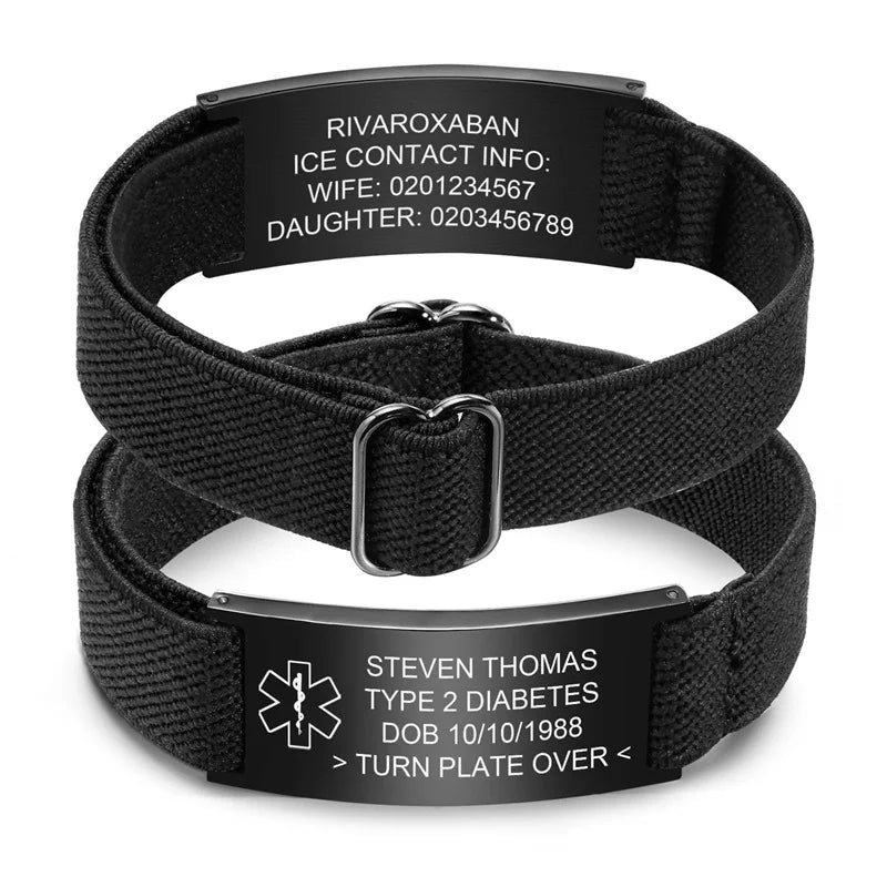 Personalized Medical Alert Bracelet for Men Customized Elastic Strap Stainless Steel ID Engraved Medic - Visuel 11 | SAMAG