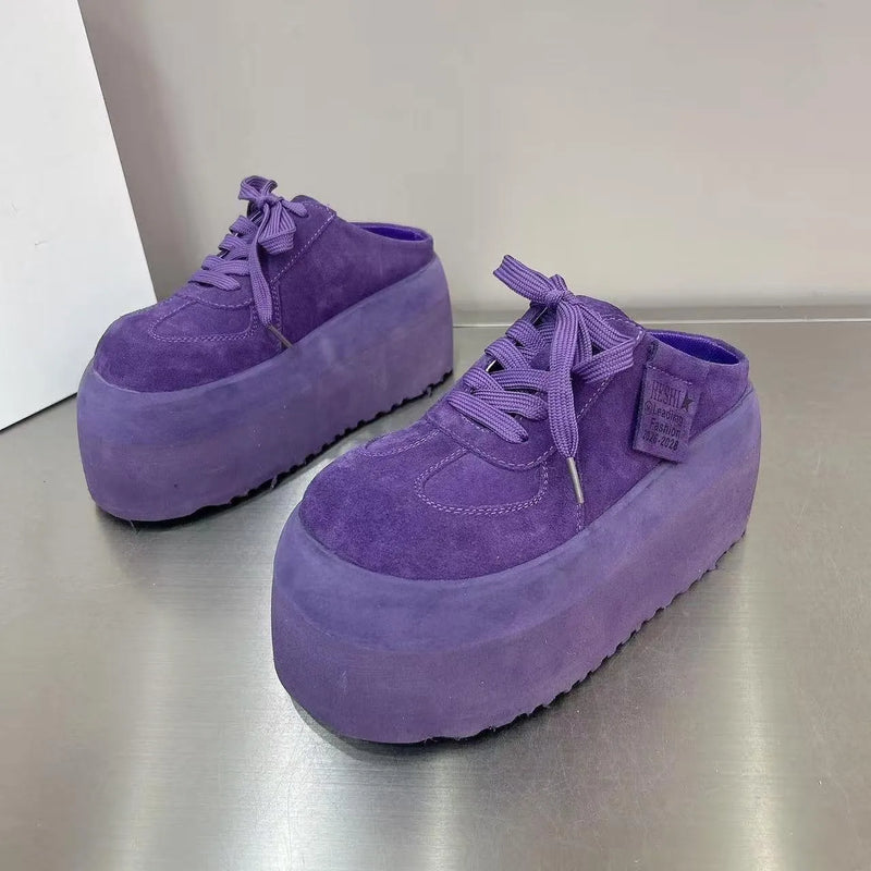 Women Suede Platform Slip On Shoes Round Toe Lace Up Thick EVA Sole Casual Shoes Non Slip Walking Footwear For Ladies Season