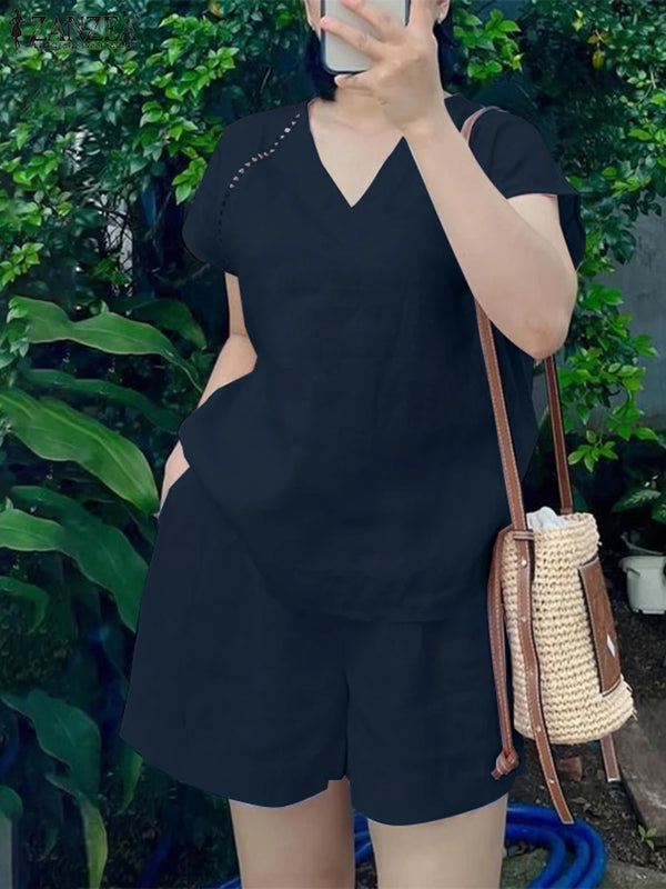 2025 ZANZEA Women's Short Sets Summer Lace Insert Short Sleeve V Neck T-shirt and Elastic Waist Shorts Casual 2-Pieces Suits