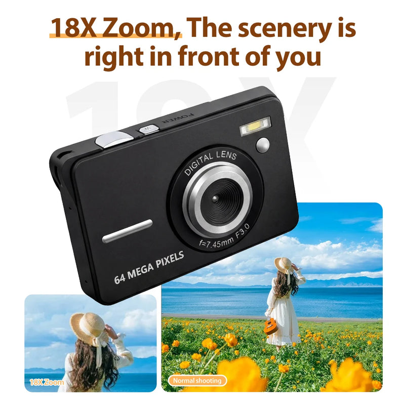 4K 64MP Digital Camera with 18X Digital Zoom, Auto Focus, External Fill Light, 2.8" LCD Screen, Portable Compact Camera for Phot