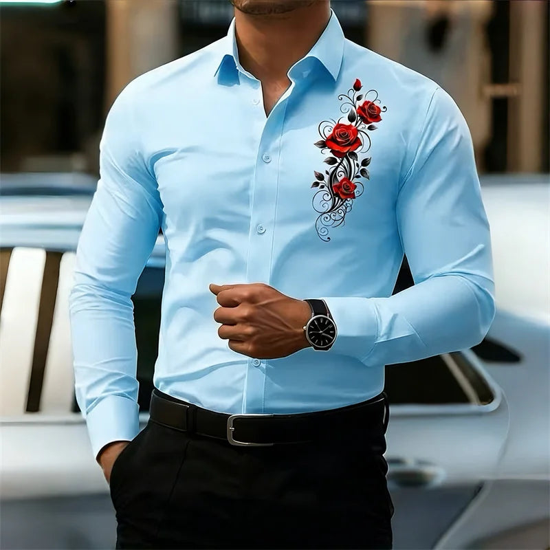 Men's Long-Sleeved Shirt, Featuring a Vintage Red Rose | SAMAG
