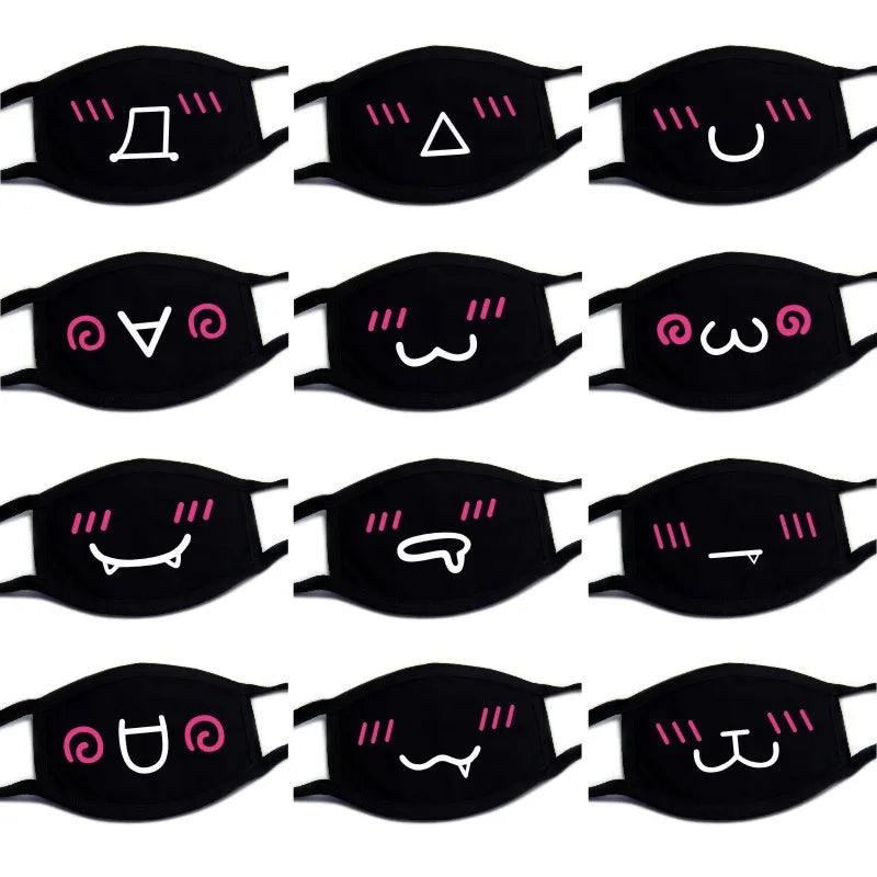 Black Face Mask Unisex Winter Warm Thickening Half Face Mouth Mask Cotton Cartoon Pattern Anti-Dust Anti- Respirator Kpop Mask