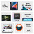 AGM Pad P2 Tablet 11" Fhd Display 480Nit Brightness, 8Gb+256Gb Mtk G99, 50Mp Camera, 7850Mah Battery, Widevine L1