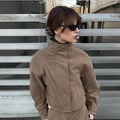 Women Faux Suede Two Piece Set Stand Collar Covered Button Long Sleeve Cropped Jacket High Waist Mini Skirt Vintage Casual Suits