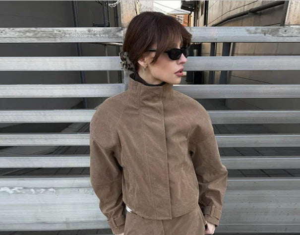 Women Faux Suede Two Piece Set Stand Collar Covered Button Long Sleeve Cropped Jacket High Waist Mini Skirt Vintage Casual Suits