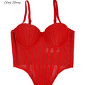 SINGREINY Fashion Solid Corset Lingerie Top Ladies Strap Sheer Mesh Slim Camisole American Retro Backless Beach Sexy Tank Top