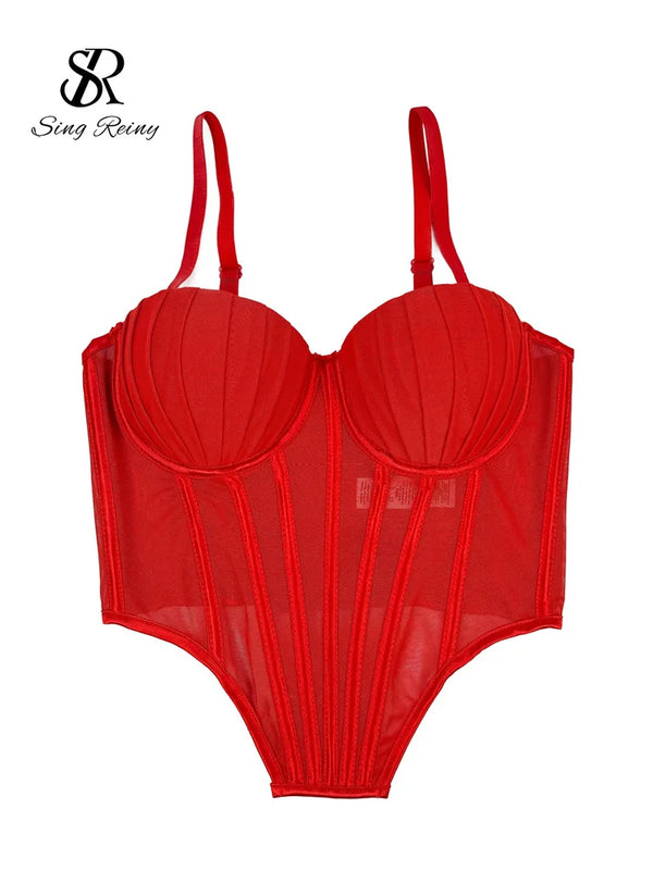 SINGREINY Fashion Solid Corset Lingerie Top Ladies Strap Sheer Mesh Slim Camisole American Retro Backless Beach Sexy Tank Top