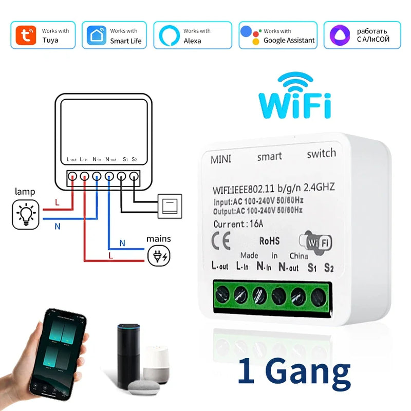 100-240V 16A Tuya Smart WiFi Switch Mini 1/2Gang Breaker Relay Smart Life App Remote Interruptor Google Home Alexa Voice Control