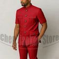 Men's Grey Mandarin Collar Suit Set Short Sleeves Multi-Pocket Jacket and Trousers Fashion Formal Smart Casual Wedding Suits