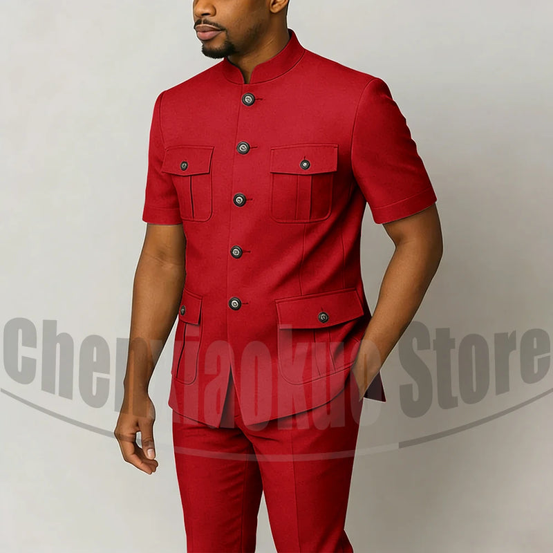Men's Grey Mandarin Collar Suit Set Short Sleeves Multi-Pocket Jacket and Trousers Fashion Formal Smart Casual Wedding Suits