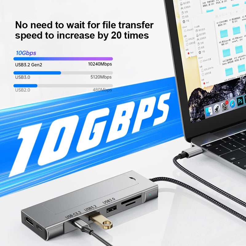 8-in-1 USB Hub M.2 NVMe SATA SSD Enclosure Storage USB3.2 Type-c to HDMI-Compatible Laptop Dock Station USB Adapter For Macbook