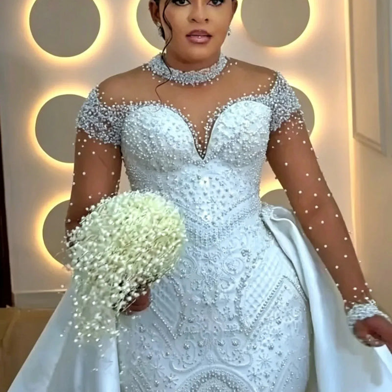Luxury Off Shoulder Mermaid Wedding Dress High Collar - View 4 | SAMAG