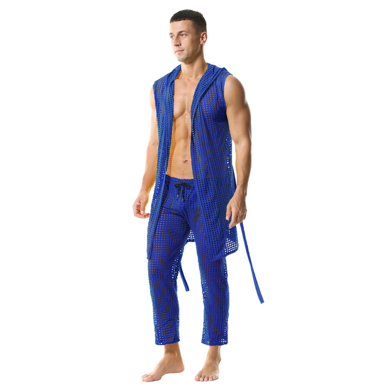 Men's Fishnet Hollow Out Robes Classic Lounge Pants Sexy Sleepwear Mens Robe Sets Daily Home Sleeveless Bathrobes Hooded Pajamas