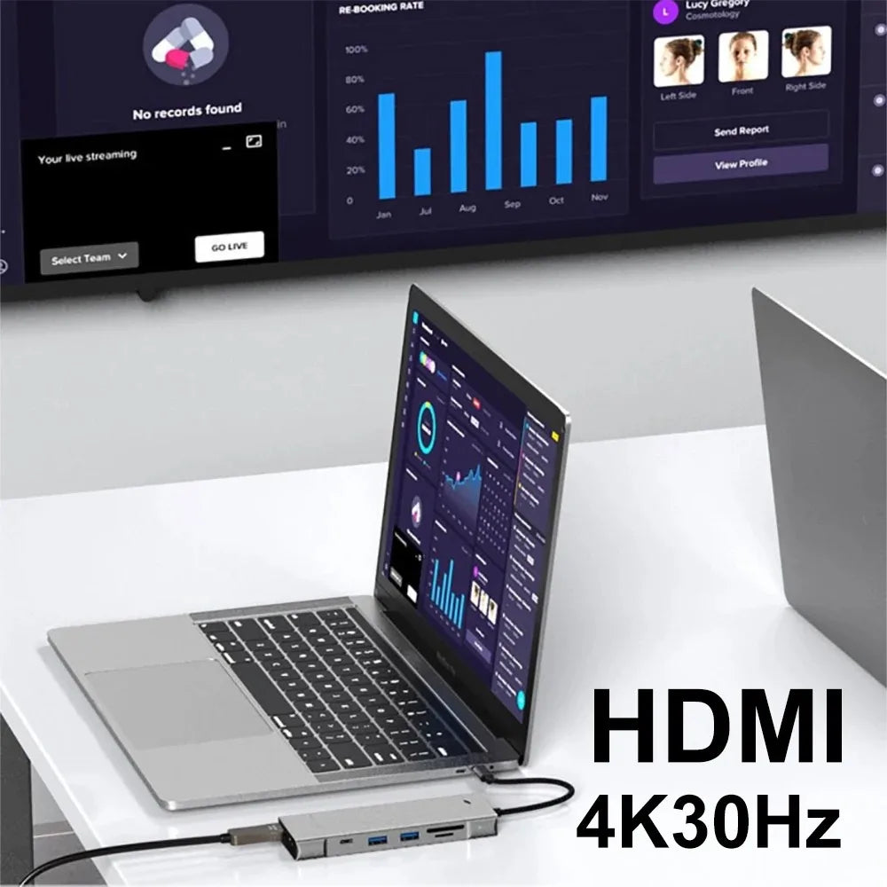 8-in-1 USB Hub M.2 NVMe SATA SSD Enclosure Storage USB3.2 Type-c to HDMI-Compatible Laptop Dock Station USB Adapter For Macbook