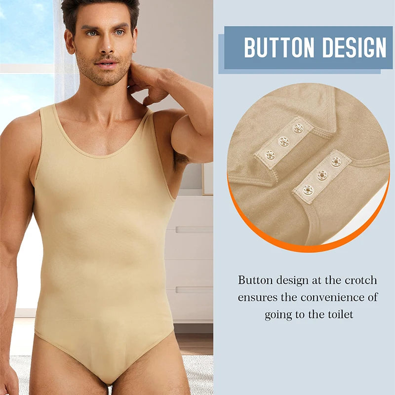 Mens Shapewear Tummy Control Full Body Shaper with Seamless Elastic Round Neck Slimming Bodysuit Sleeveless Undershirts