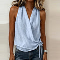 New Summer Women Sleeveless T-Shirts Blue V Neck Lace Up Vest Women Tank Tops Female Casual T Shirts Loose Tee Pullovers