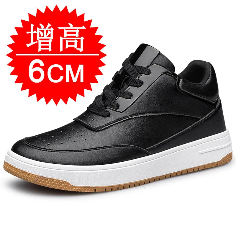 Men's Invisible Height Increasing Elevator Shoes 6cm 8cm 10cm Pure White Light-Weight Lace-up Genuine Leather Sporty Sneakers