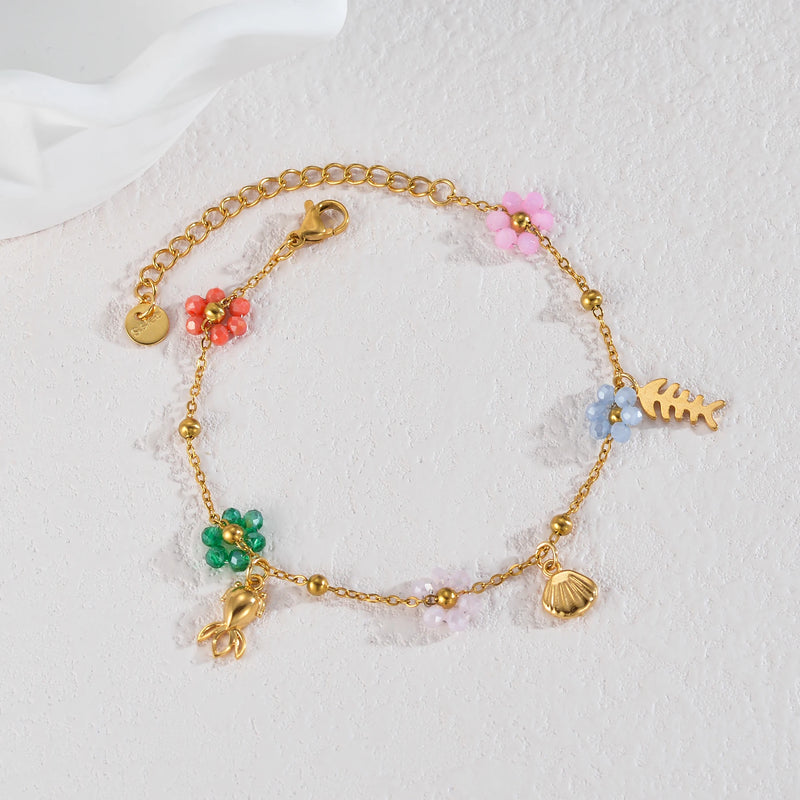 Summer Sweet Colorful Crystal Beaded Flower Bracelet For Women Girl Stainless Steel Beach Vacation Jewelry Gold Color Chain Gift