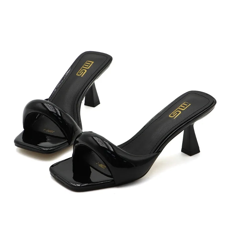 New Arrival High Heel Slippers Women's Slip-on Thin Heel Open Toe Fashion Sandals Summer Square Toe Heel Party Dress Shoes 36-42