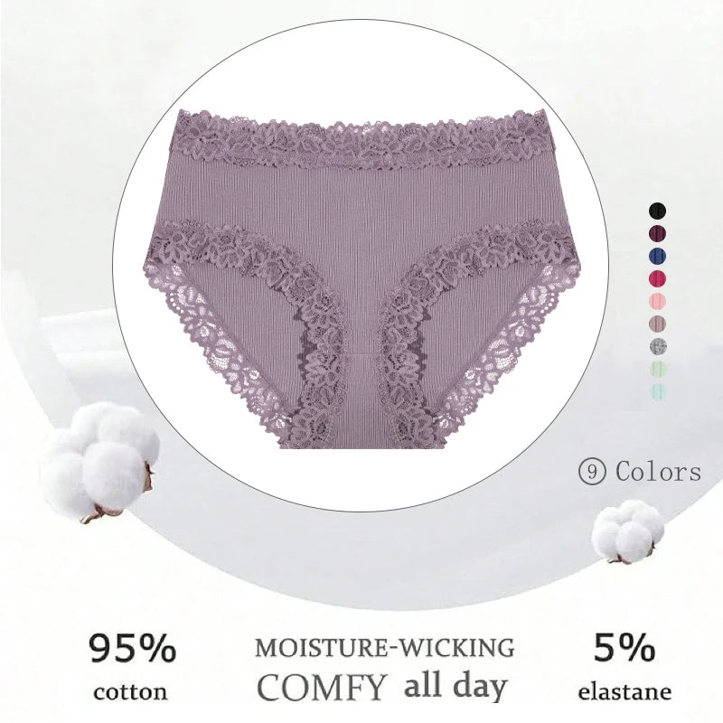 5PCS Seamless Cotton Fabric Panties Women Patchwork Lace Floral Underwear Elastic High Waist Briefs Sexy Female Lingerie S-XXL