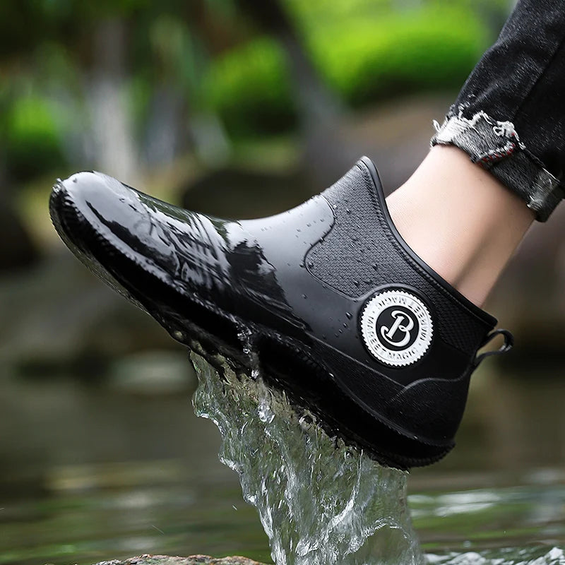 Men's Winter Fleece Lined Short Rain Boots Waterproof Non Slip Work Safety Rubber Boots Warm Cotton Shoes Kitchen Work Shoes