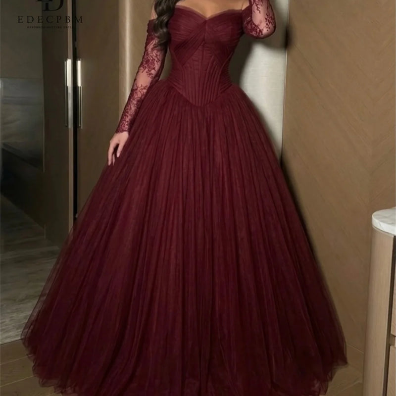 EDECPBM Satin Off The Shoulder Burgundy Ball Gown Evening | SAMAG