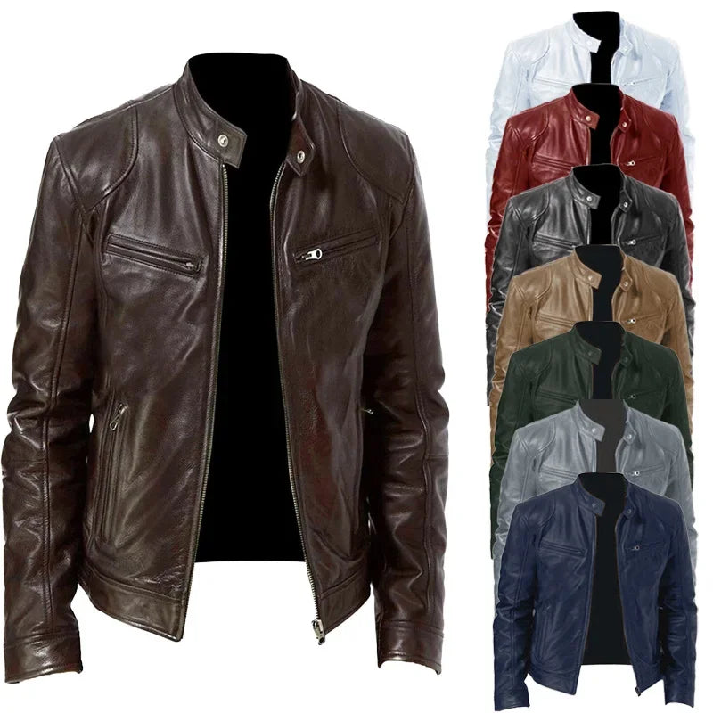 Business Style PU Leather Jacket Stand Collar Slim Fit Zipper Coat Multiple Colors Autumn New Arrival Fashion Urban Outerwear