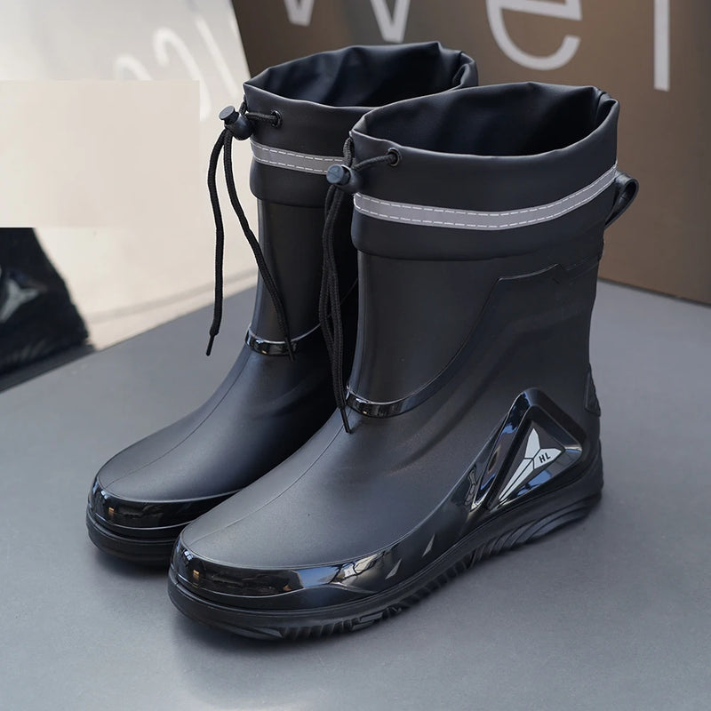 Outdoor work British style anti slip warm autumn and winter waterproof drawstring tied men's rain boots