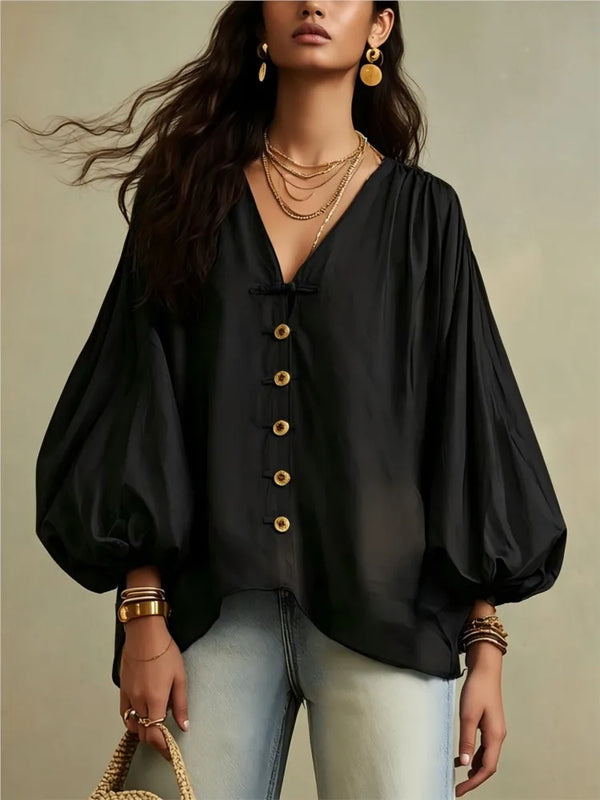 Autumn New Solid Color Fashion Single-breasted Loose Women Shirt Casual Retro Lantern Long-sleeved Versatile Female Vacation Top