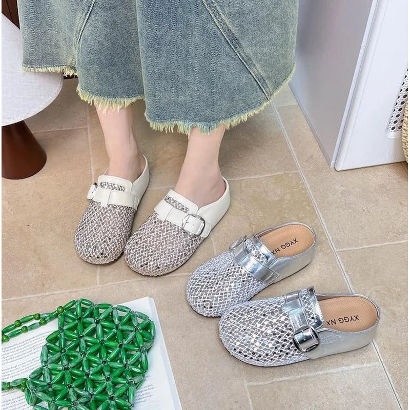 2026 New Comfortable Rhinestone Flat Mules Slip-On Breathable Non-Slip Soft Sole Cushioned Arch Support Daily Wear Women