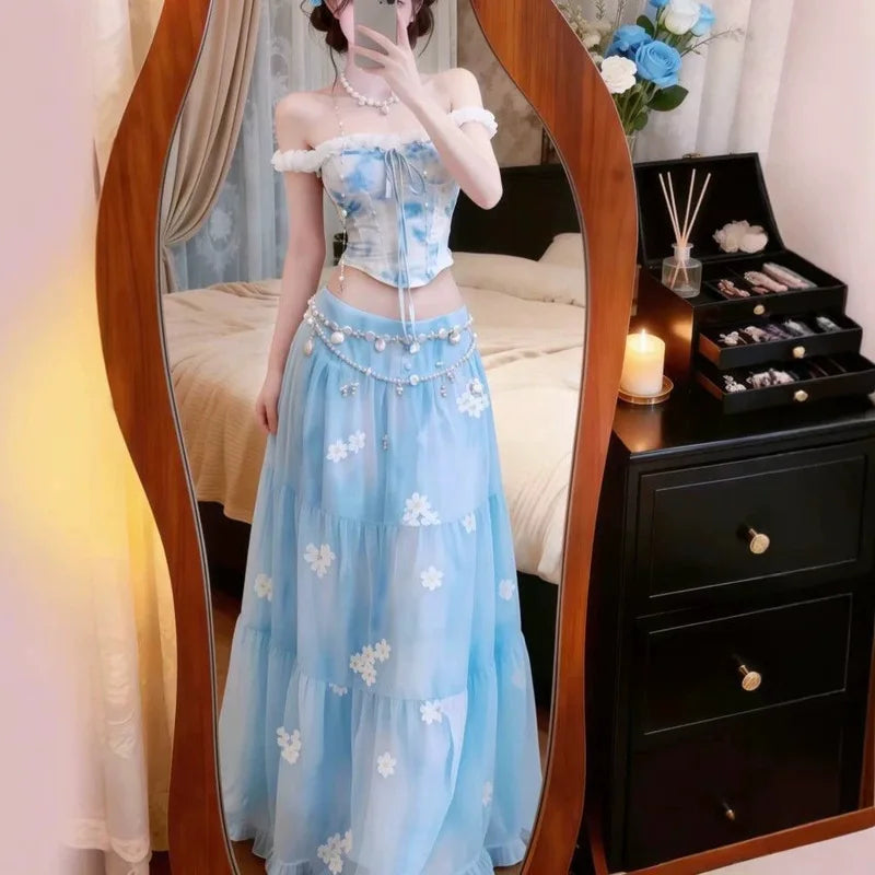Women Summer 2 Piece Skirt Set Floral Embroidery Lace Corset Top Tiered Maxi Beach Vacation Holiday Outfit