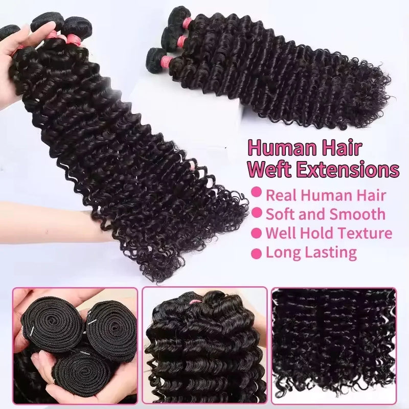 30 32 Inch Deep Wave Human Hair Bundles Curly Hair Burmese Weaving Raw Unprocessed Tissage Double Weft Virgin Hair Extensions