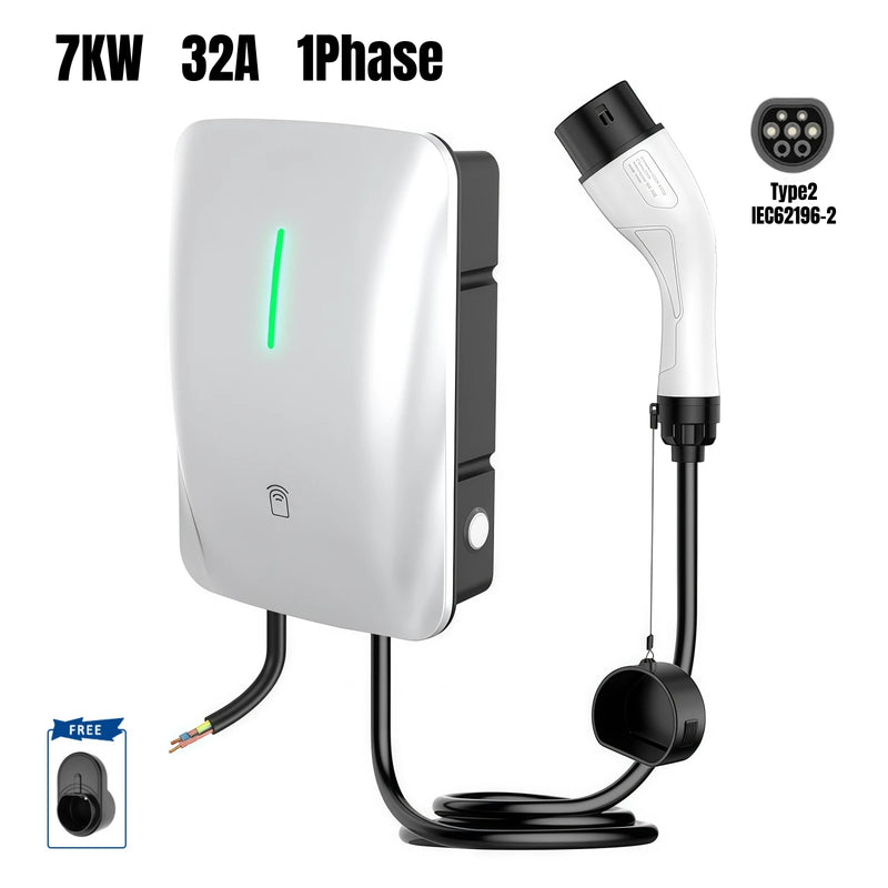 Electric Car Charger 22KW 11KW 7KW Wallbox 3Phase EV Charger Type2 IEC62196-2 Type1 J1772 Socket 5M Cable with Cards APP