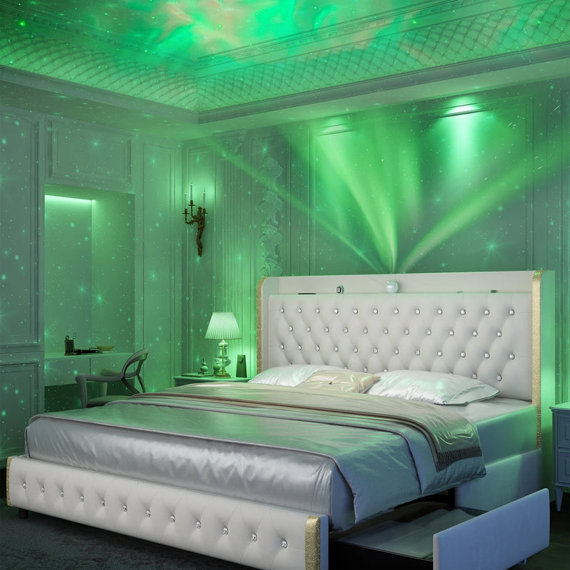 GEGOFORU Queen LED Bed Frame with Galaxy Projector, Bluetooth Speaker, USB Ports, 4 Drawers, No Box Spring Needed, PU Black