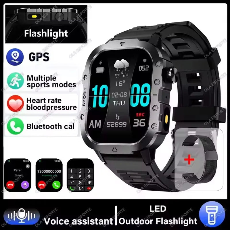 2026 New Military Smart Watch Men IP67 3ATM Outdoor Sports Fitness Tracker Blood Pressure Health Monitor BT Calls GPS Smartwatch