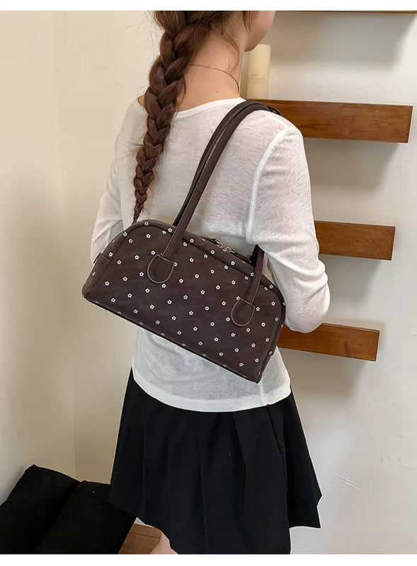Fashion Polka Dot Printed Shoulder Bag Retro Matte PU Boston Bag Exquisite Versatile Commuter Underarm Bowling Bag Women Handbag