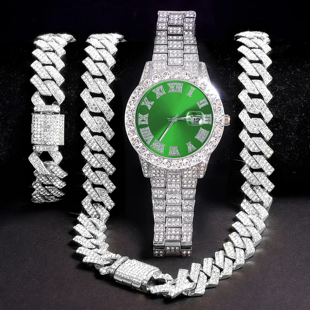 3pcs Men's Silver Watch Set Hip-hop Punk Inlay Diamond Watch+Cuban Chain+Bracelet Comes With Strap Adjuster Stylish Jewelry Gift
