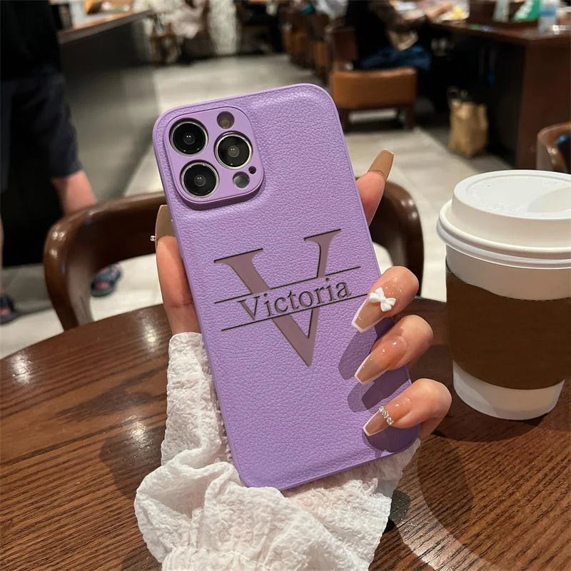 Personalized Customized Initials Name Case For iPhone 17 16 15 14 13 12 11 Pro Max Plus Big Letter Laser Engraving Leather Cover