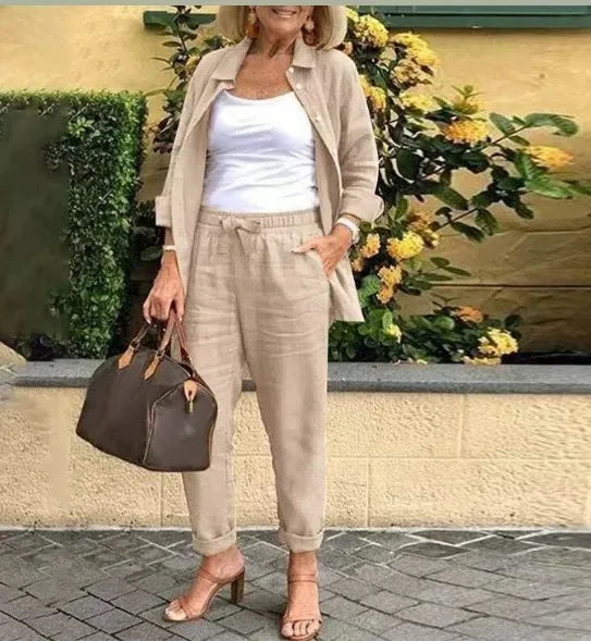 2025 Autumn Spring Casual Suit Women Cotton Linen 2 Piece Set Solid Color Loose Button Shirt + Pants Sets Daily Women's Clothing