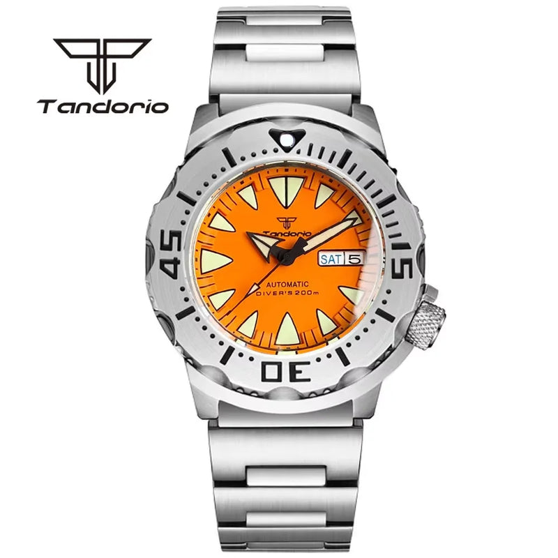 Tandorio Monster NH36A Mechanical Dive Automatic Men's Watch AR Sapphire 42mm 20BAR Steel Wristwatch Double Date Green Luminous
