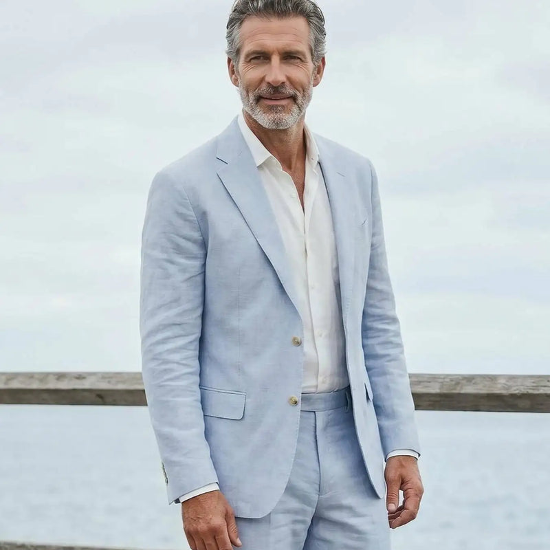 Men's linen casual men's beach party business suit two-piece wedding tailcoat set with split collar suit jacket and pants