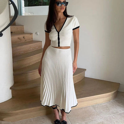 Summer Women White long Skirt Suit Short Sleeve V - neck | SAMAG