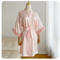 White Bride Wedding Robe with Feathers Women Satin | SAMAG